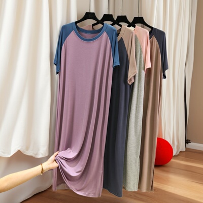 莫代尔拼色睡裙女夏季薄款短袖连衣裙宽松长裙圆领家居裙外穿睡衣