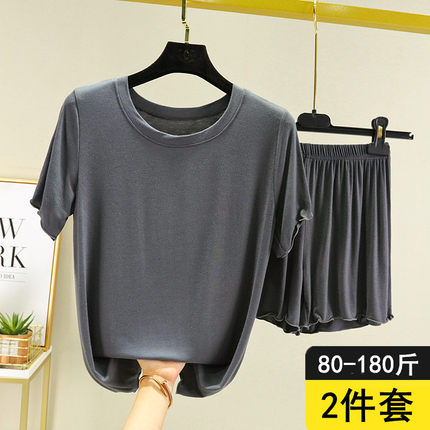 外穿莫代尔木耳短袖T恤女夏薄款套装宽松大码短裤家居睡衣两件套