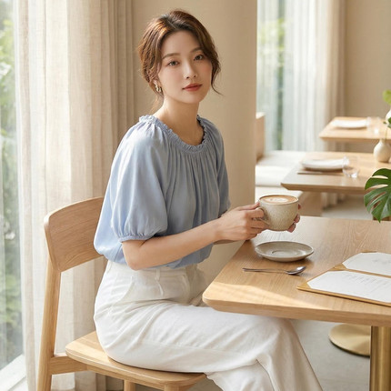 薄款棉绸上衣女小清新夏季纯色宽松休闲一字领人造棉短袖漏肩T恤