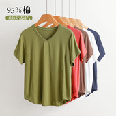 妈妈装 纯棉v领短袖 上衣大码 加肥宽松显瘦韩版 T恤女夏季 打底衫 新款
