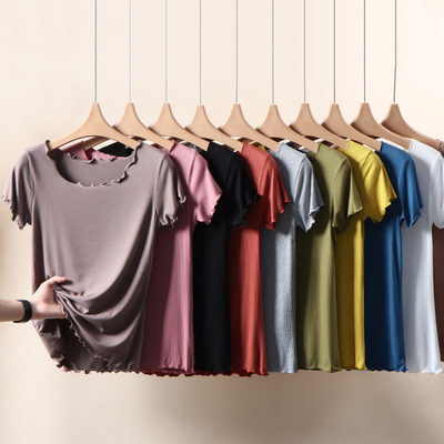 外穿螺纹莫代尔圆领木耳边短袖T恤夏季薄款修身显瘦纯色内搭上衣