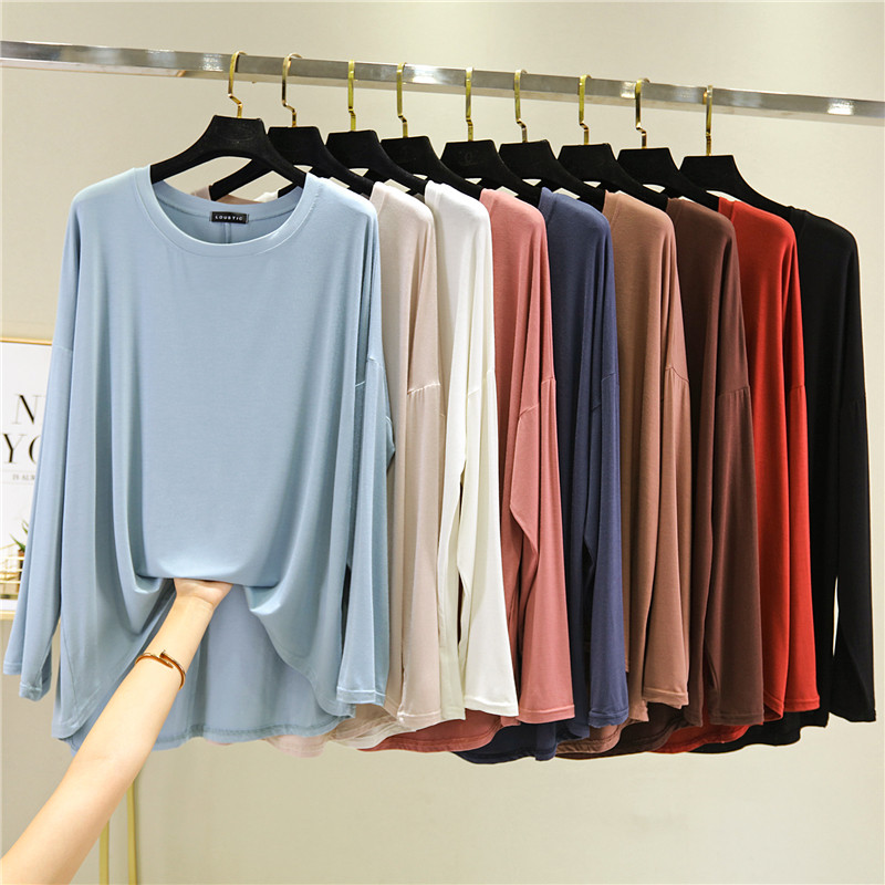 莫代尔长袖T恤女夏秋宽松薄款内搭打底衫韩版大码显瘦中长款上衣