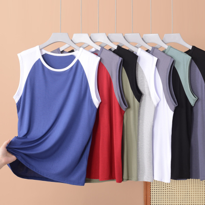 男士莫代尔拼接撞色背心大码宽松薄内搭休闲运动上衣无袖T恤夏季