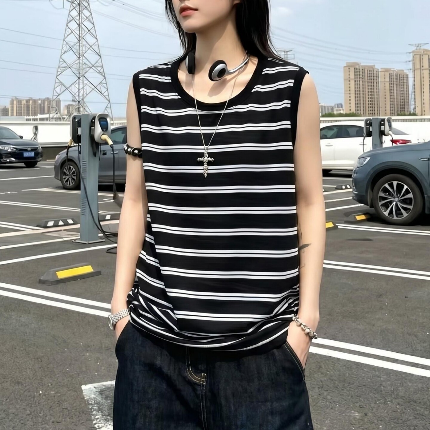 夏季人造棉情侣款无袖T恤女宽松薄款条纹背心男大码外穿圆领上衣