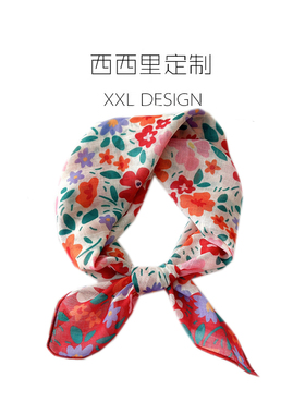 丝巾小方巾女韩系高级感小众红色碎花领巾 搭配衬衫的ins头巾发带