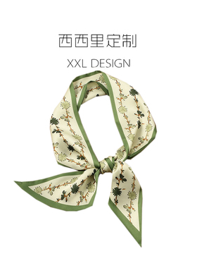 丝巾小长条女复古高级感绿色小花多功能飘带 绑包包带ins头巾发带