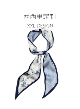 2021新款丝巾小长条女夏温柔复古蓝色花朵领巾 绑包包ins头巾发带