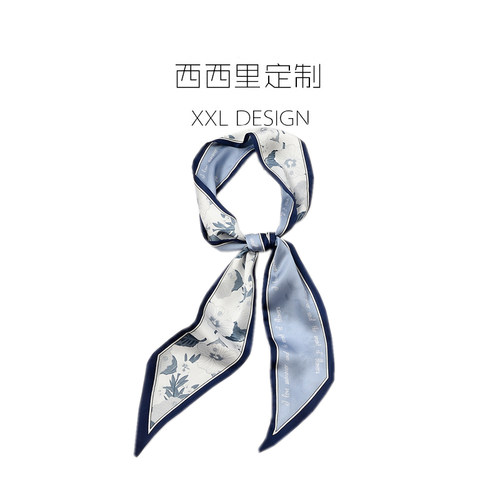 小长条蓝色花朵绑包包ins风丝巾