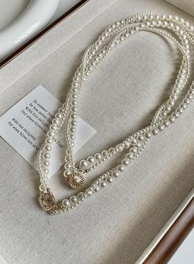 小众双层缠绕镂空太阳花锁骨链高级感施家珍珠麻花项链