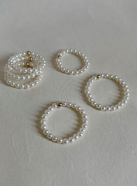 法式百搭温柔迷你施家珍珠戒指极细叠戴14K包金珠食指环尾戒