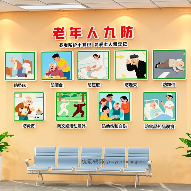 养老院九防标识宣传挂图老年人理疗康复医院预防压疮走廊病房贴纸