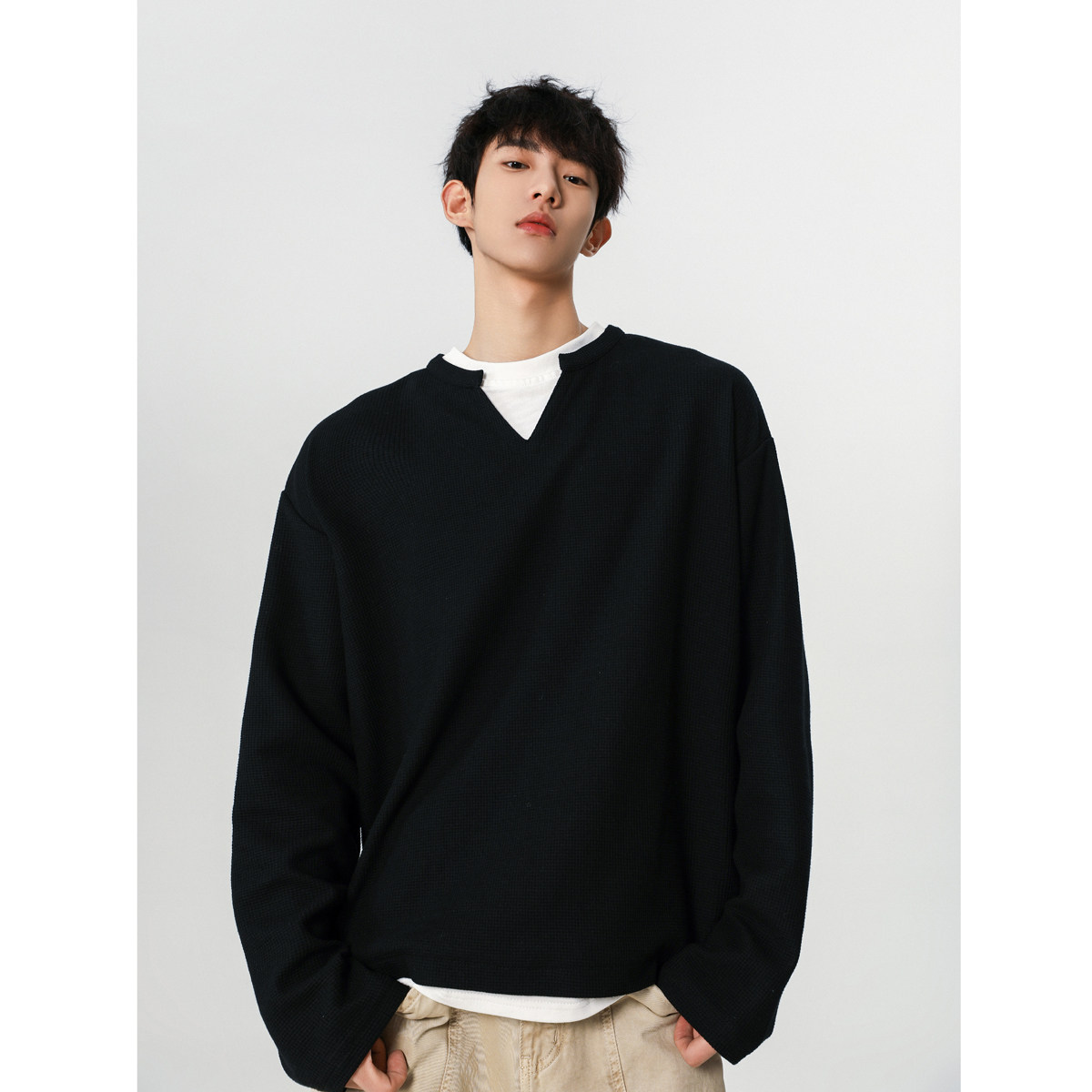 3无影墙春黑标华夫格假两件长袖T恤HWH02-P35控68，男装T恤，星座514A（原614）