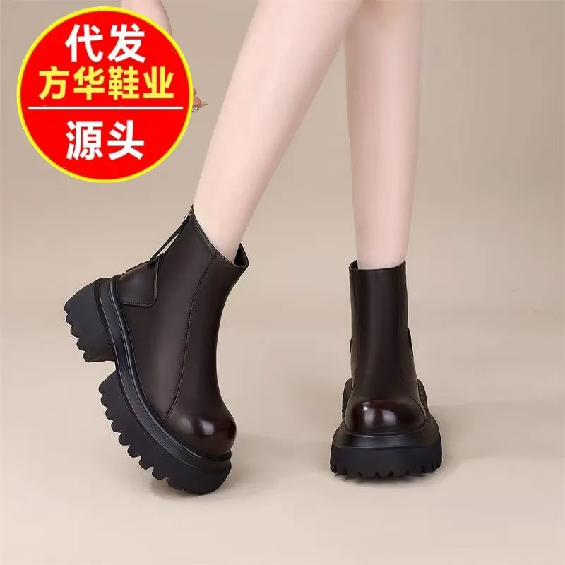韩版经典厚底切尔西靴女2025秋冬新款后拉链加绒短靴英伦风马丁靴