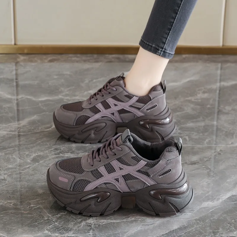 秋季网鞋女透气薄款2025新款厚底老爹鞋网面运动鞋增高小白鞋