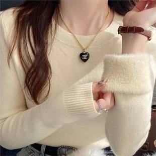 奶黄色低领加绒毛衣女款2025新款冬季加厚内搭打底衫秋冬针织上衣