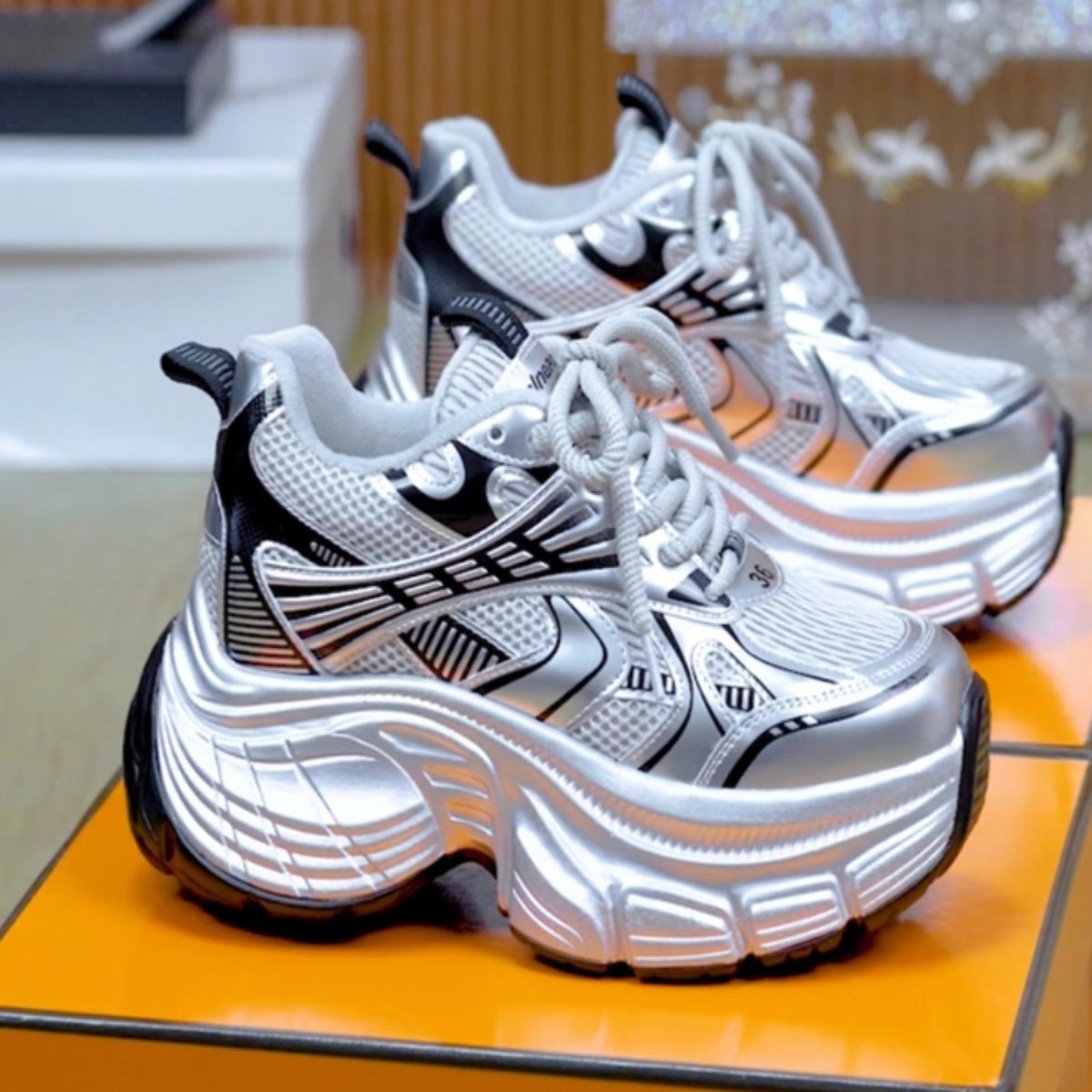 欧货老爹鞋女爆款厚底银色