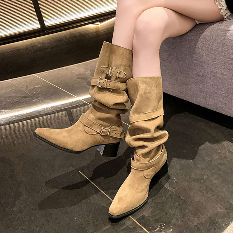 粗跟尖头长筒女骑士靴2025新款