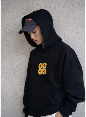 GAP x DOE 联名款 毛巾绣设计加绒连帽卫衣 男女同款 黑色