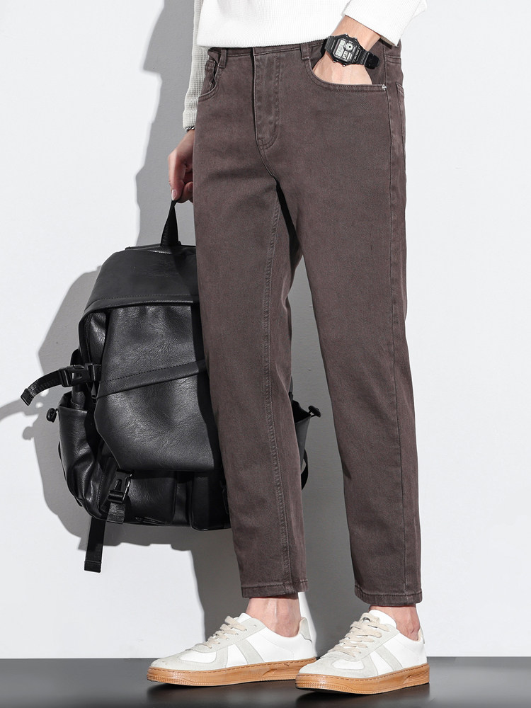 新款男士白色牛仔裤子修身小脚秋冬季纯棉弹力简约休闲九分裤厚款