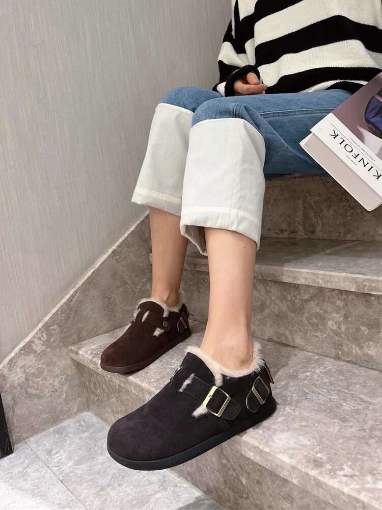 真皮勃肯鞋女加绒毛毛鞋2023秋冬季新款大头丑萌鞋复古博肯懒人鞋