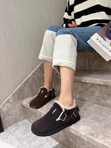 真皮勃肯鞋女加绒毛毛鞋2023秋冬季新款大头丑萌鞋复古博肯懒人鞋
