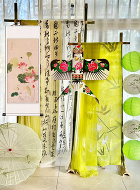 中式茶馆中国风环创绿色橱窗装饰挂布灯笼书法纱风筝竹子支架荷花