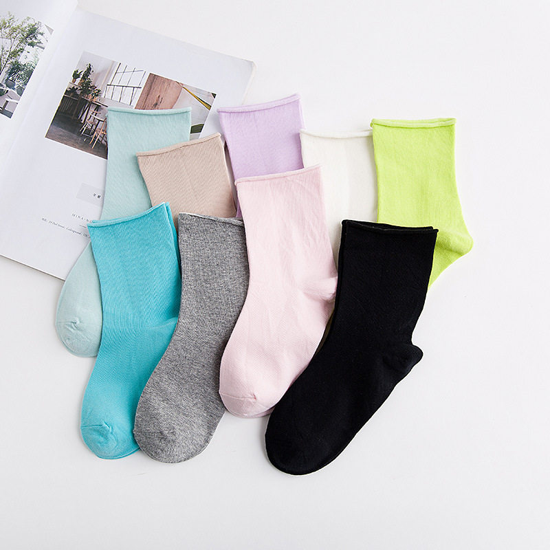 春夏百搭简约精梳棉月子袜吸湿排汗透气柔软卷边中筒袜子少女个性