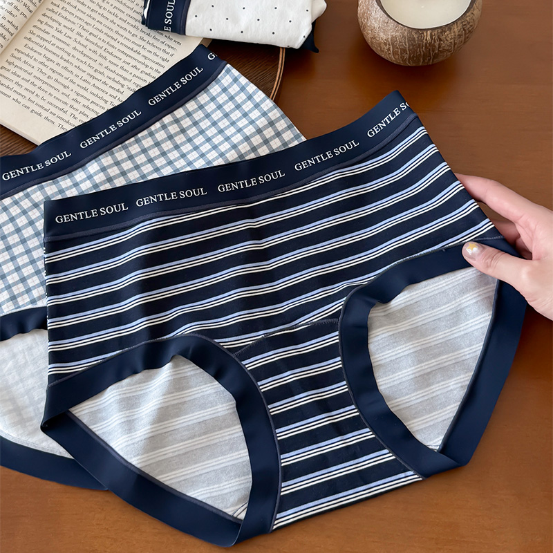 新款女士内裤加长底裆学院风中腰包臀复古蓝条纹波点格子女三角裤