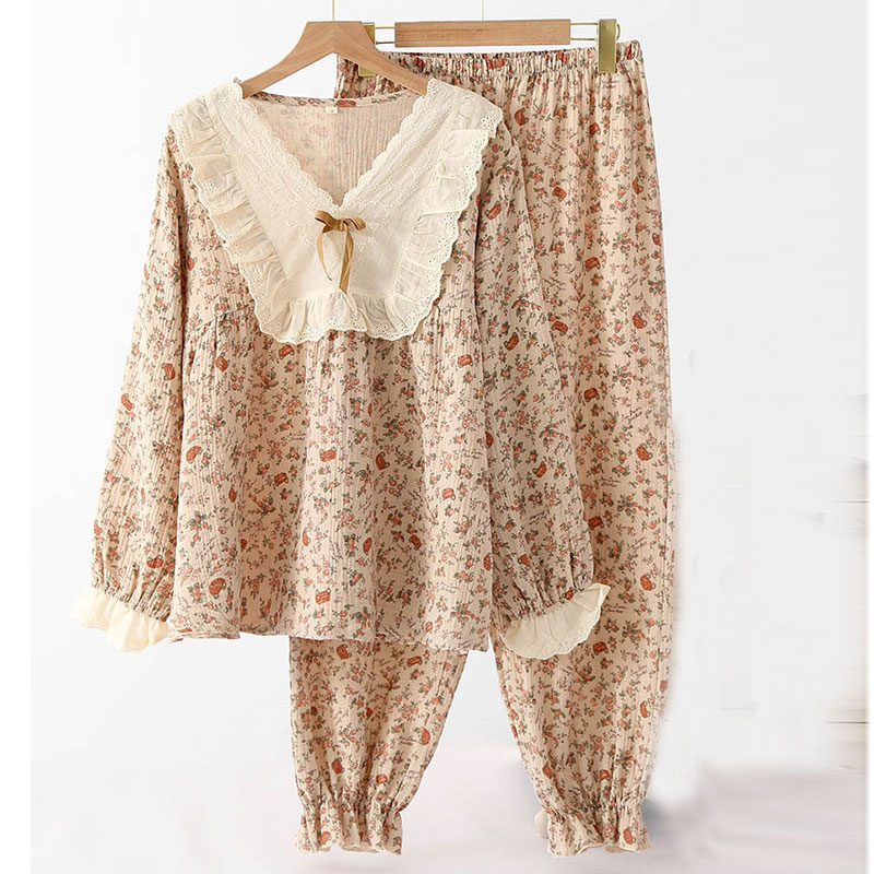 复古法式蕾丝V领纯棉纱四季新款女士长袖长裤家居服睡裤套装睡衣