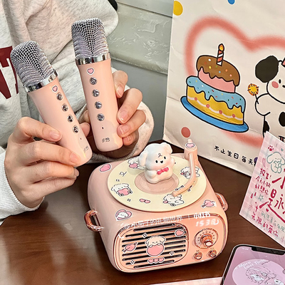 线条小狗唱片机蓝牙音箱麦克风话筒唱K歌音响生日礼物送女生闺蜜