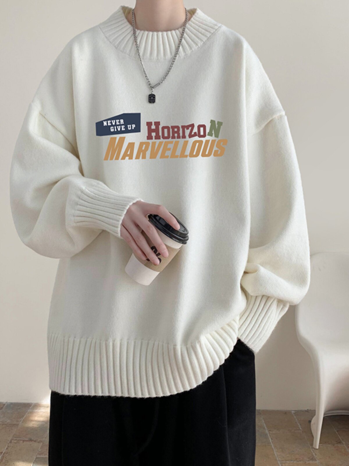 밀키 화이트 일본 디자인 틈새 스레드 니트 스웨터 남성 가을 겨울 초대형 커플 바닥 셔츠