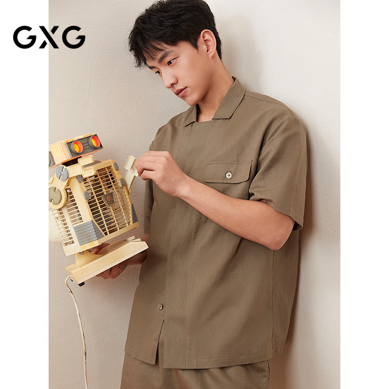 GXG男士家居服 棉麻家居套装男轻薄复古短袖睡衣 25年春夏新品