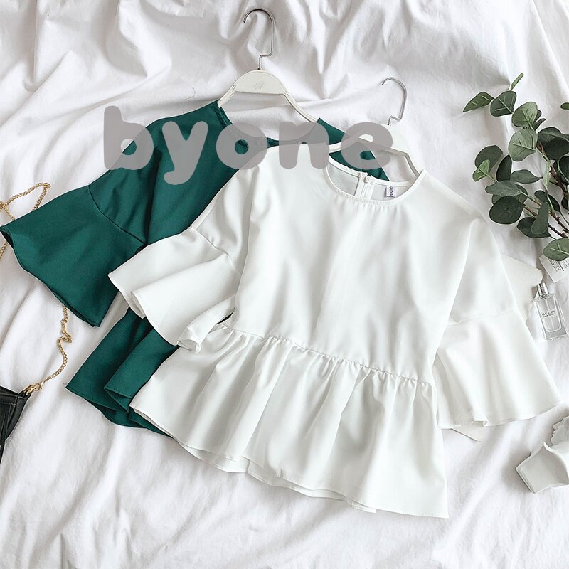 2019夏装新款韩版甜美纯色圆领喇叭袖收腰显瘦荷叶边雪纺衫上衣衬在类目 女装/女士精品, 蕾丝衫/雪纺衫中 - 来自Buy2taobao.com提供专业的淘宝代购服务