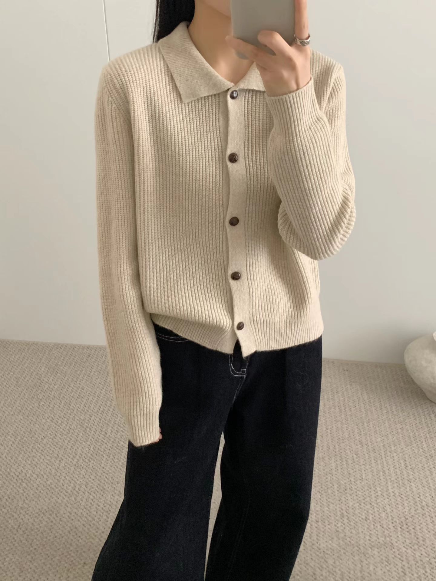 2025秋冬新品法式简约翻领针织开衫女宽松显瘦雪花绒毛衣外套上衣