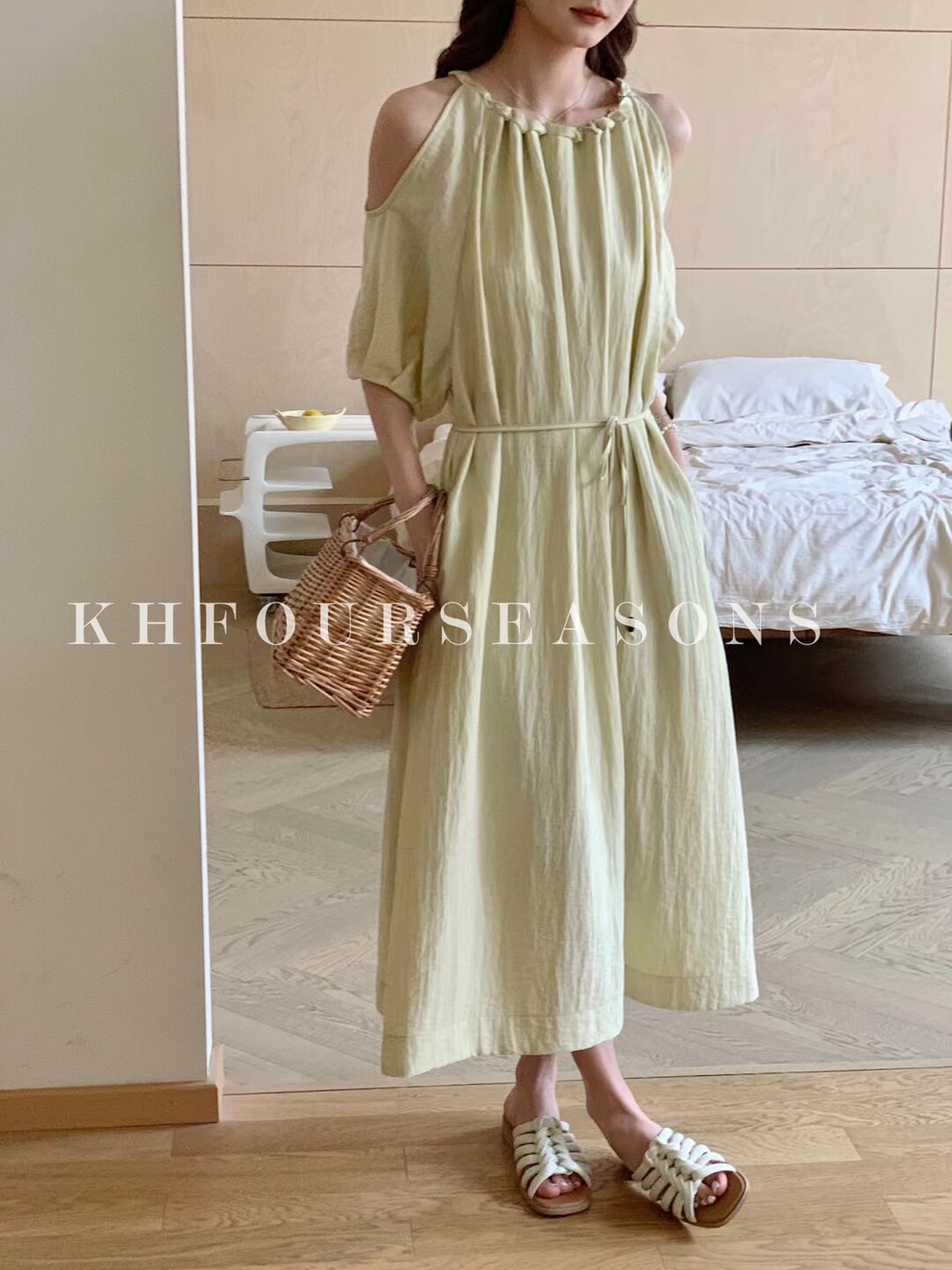 度假风露肩绑带麻料连衣裙女2025夏季新款宽松显瘦中长款裙子
