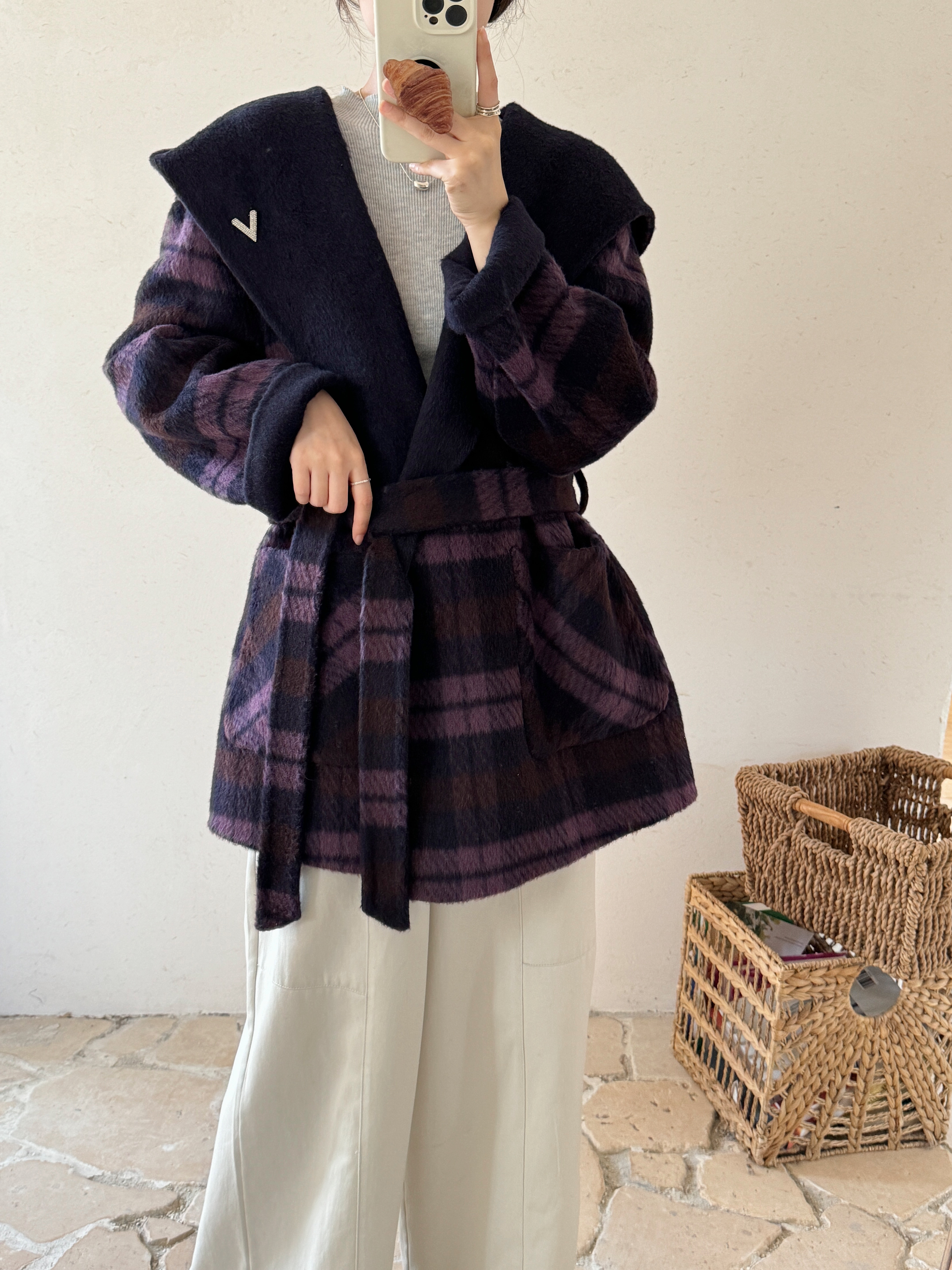 韩版紫色格子一手长双面羊绒大衣女冬系带收腰连帽双面穿羊毛外套