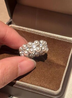 重工双排编织轻奢闪钻珍珠弹力高级百搭戒指女氛围感指环戒指