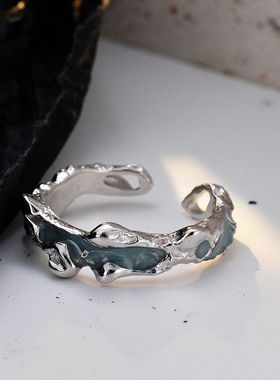 韩系异彩纹理珐琅戒指批发女S925纯银冷淡风滴釉质感炸裂