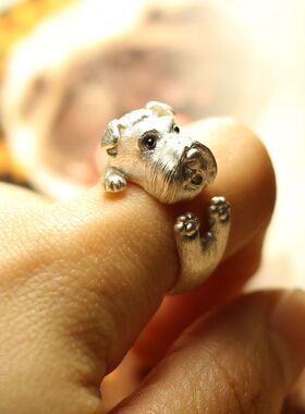 原创设计手工雪纳瑞小狗动物戒开口戒指环 可爱ins宠物狗戒指批发