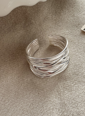 s925银多层交错女士开口食指戒 韩版简约ins编织缠绕线条戒指