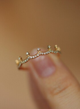 女王加冕~S925纯银镀18K金锆石戒指公主皇冠轻奢小众日系指环