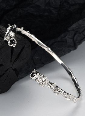 韩版气质S925纯银玫瑰花手镯女开口时尚复古银花蕾手环