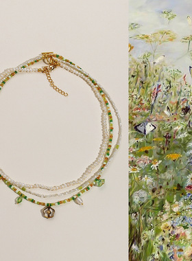 夏季爆款淡水珍珠串珠项链复古油画绿色新中式叠戴串珠项链锁骨链