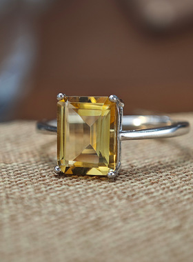 方糖天然黄水晶戒指镶嵌S925纯银高级感彩宝戒指