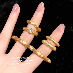 意大利复古弧形拉丝宝石戒指 Vintage镀18K金 竹节豪镶满天星手镯