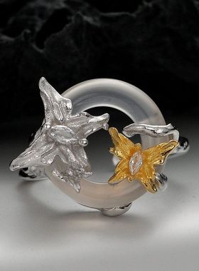 小众设计师款S925纯银拼色蝴蝶戒指女开口白玉圆环食指戒