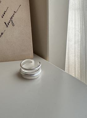 S925纯银哑光双层戒指日系ins风小众设计清冷感几何设计开口指环