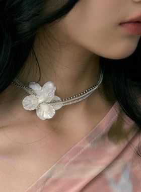 K社制造贝壳花朵珍珠多层链条项链choker925银烧银
