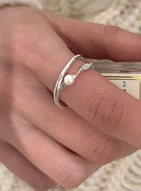 韩式韩版交织线条戒指女指环淡水珍珠简约小众尾戒关节戒