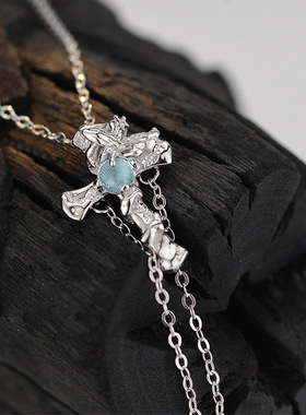 X2155 韩版时髦小众设计师款S925纯银十字架项链短款抽拉毛衣链